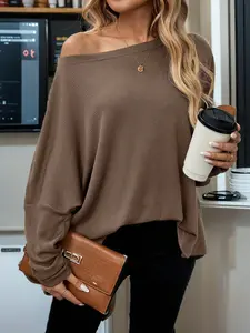 Women's Plain Textured Batwing Sleeve Tee, Casual Drop Shoulder Long Sleeve T-shirt for Spring & Fall, Women's Top for Daily Wear, Casual Breathable Top