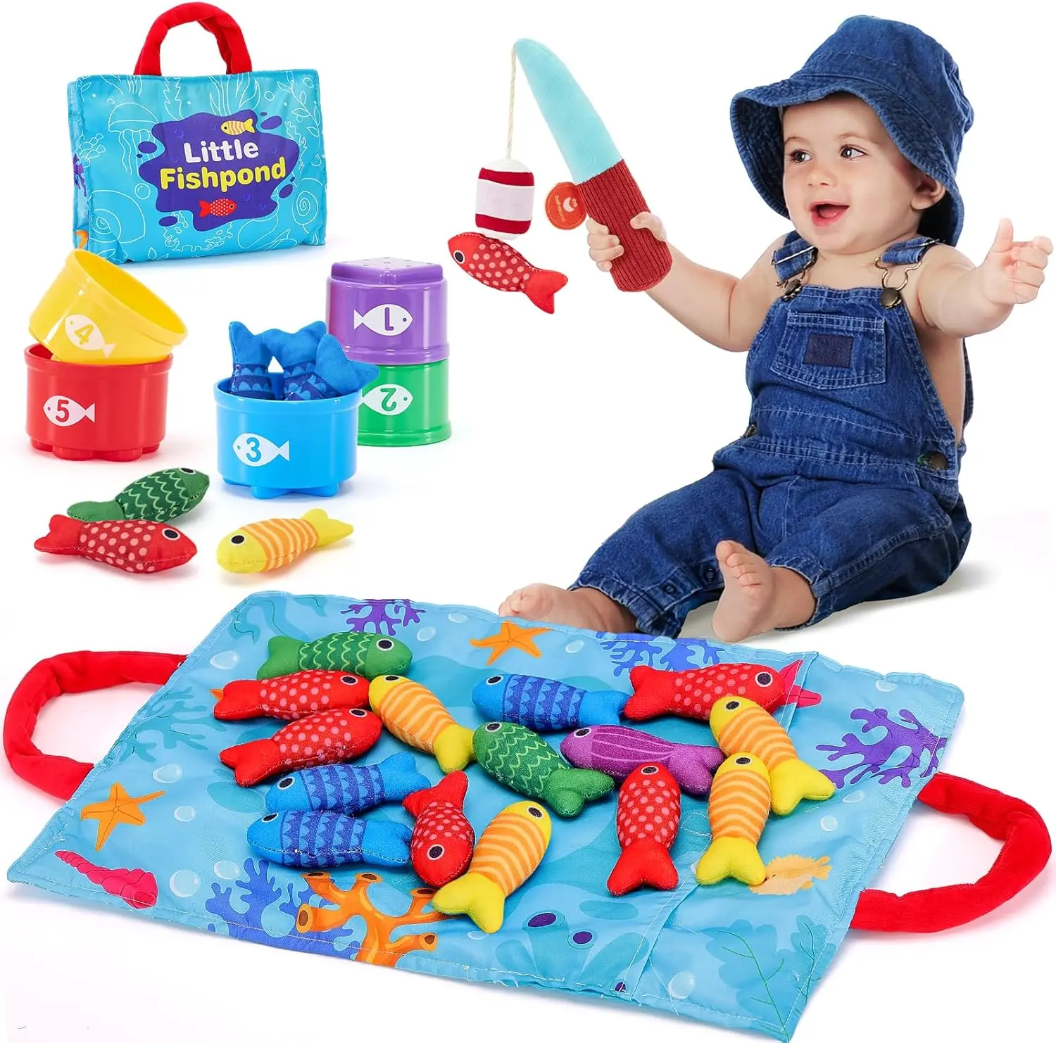 Montessori Toys for 1 Year Old Boy Girl Birthday Gift - 10 in 1 Cloth Fishing Game Easter Basket Stuffers for Toddler Toys 1-3 with Stacking Cups - Number Counting, Color Sorting Learning
