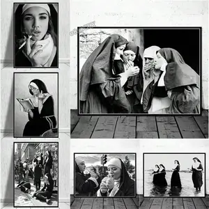 1pc Wall Arts Posters  Vintage Black And White Nuns Fun Art Posters Canvas Paintings Nuns Street Photography Photos Canvas Printing Images Retro Murals Home Decoration Frameless