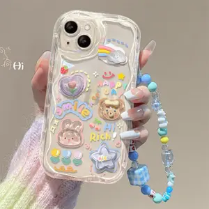 3D Bear Hang Phone Chain Lanyard Clear Soft Case For iPhone 16 15 14 Pro Max 11 13 12 Mini XR 8 7 Plus X XS SE Cute Cover