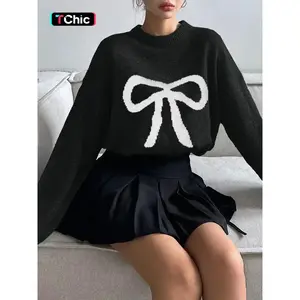 Women's Bow Print Drop Shoulder Sweater, Casual Long Sleeve Round Neck Jumper for Fall & Winter, Fashion Ladies' Knitwear for Daily Wear