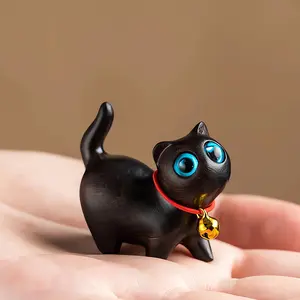 1pc charming handcrafted wooden black cat figurine with bells - perfect for home and desk decoration, ideal gift for any occasion - Cute Collectible Figurines, Home Decor Accessory, no electricity required