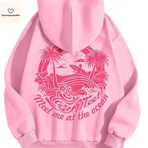Pink Palm Puff Hoodie, Teenagers Girls Print Back Long Sleeve Hooded