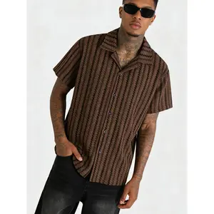 Men's Stretch Knit Jacquard Striped Short Sleeve Shirt, Casual Fitted Button Down with Classic Collar for Summer Wear, Tropical All over Print Design, Button Down Shirts
