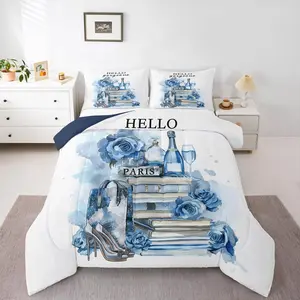 Feelyou Bedroom Bedding Set - Boho Breathable Decorative Floral Polyester Duvet Cover Set, Girly Blue Comforter, Silver Teal Flower Duvet Insert, Multi-Size U-Stitching, High Heels Champagne Magazine Book Accents, Travel-Ready for Women, Boho Bed Set