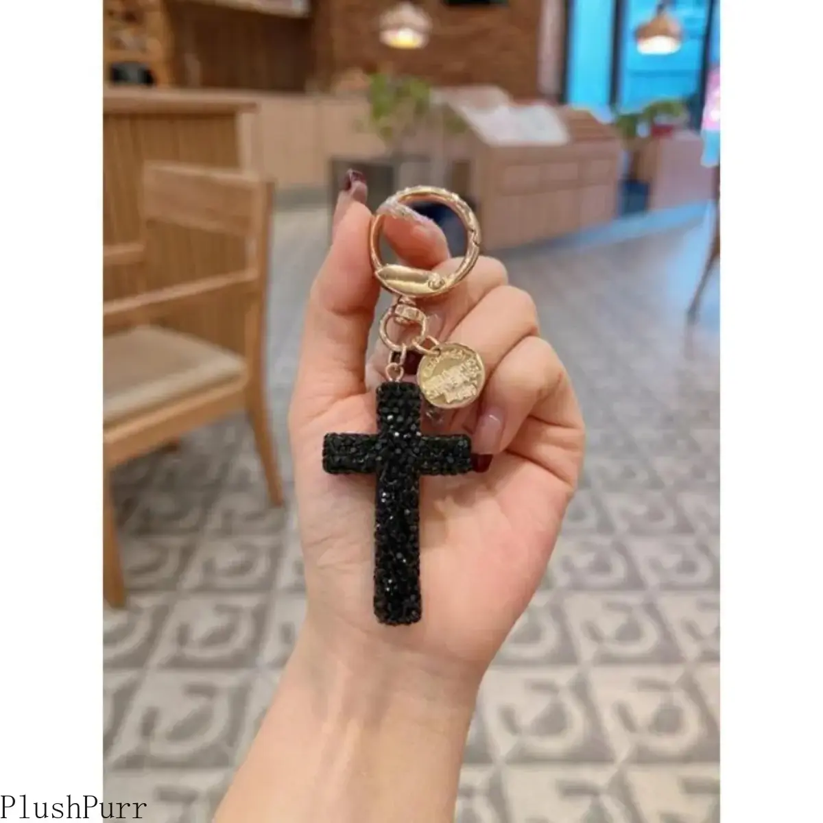 Unique Clay Cross Keychain with Diamond Embellishments, Funky Unisex Bag Charm, Durable Lightweight Car Accessory, 1 Size Gift for Family & Friends, One Size