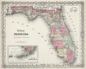 Florida with Florida Keys - Boundary Map, 1865 - Historical Map Print