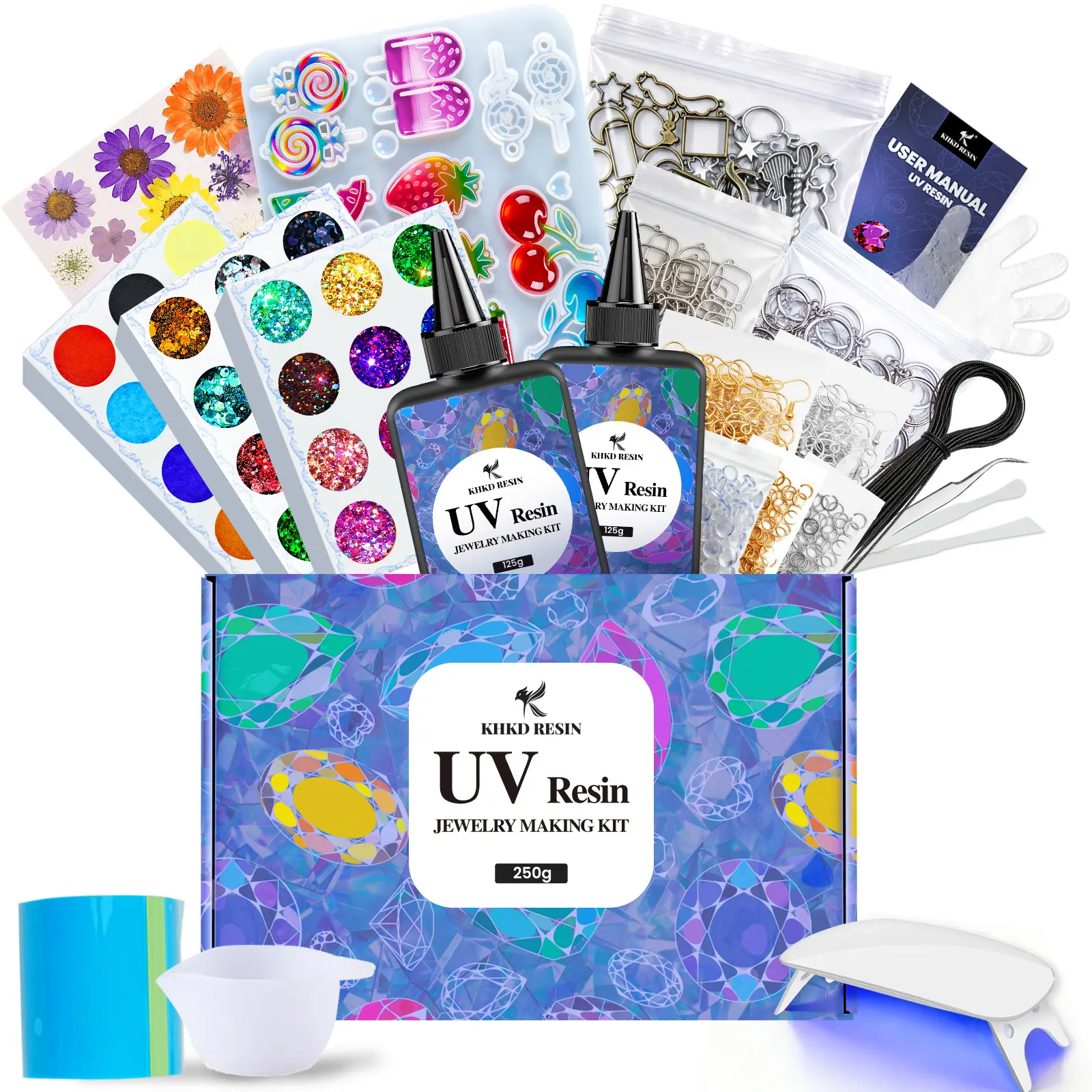 Upgraded UV Resin Jewelry Kit – 250g Crystal Clear Resin + UV Lamp + 36 Pcs Mica Powder, Glitter, Sequins & Dried Flowers – DIY for Beginners – KHKD Resin