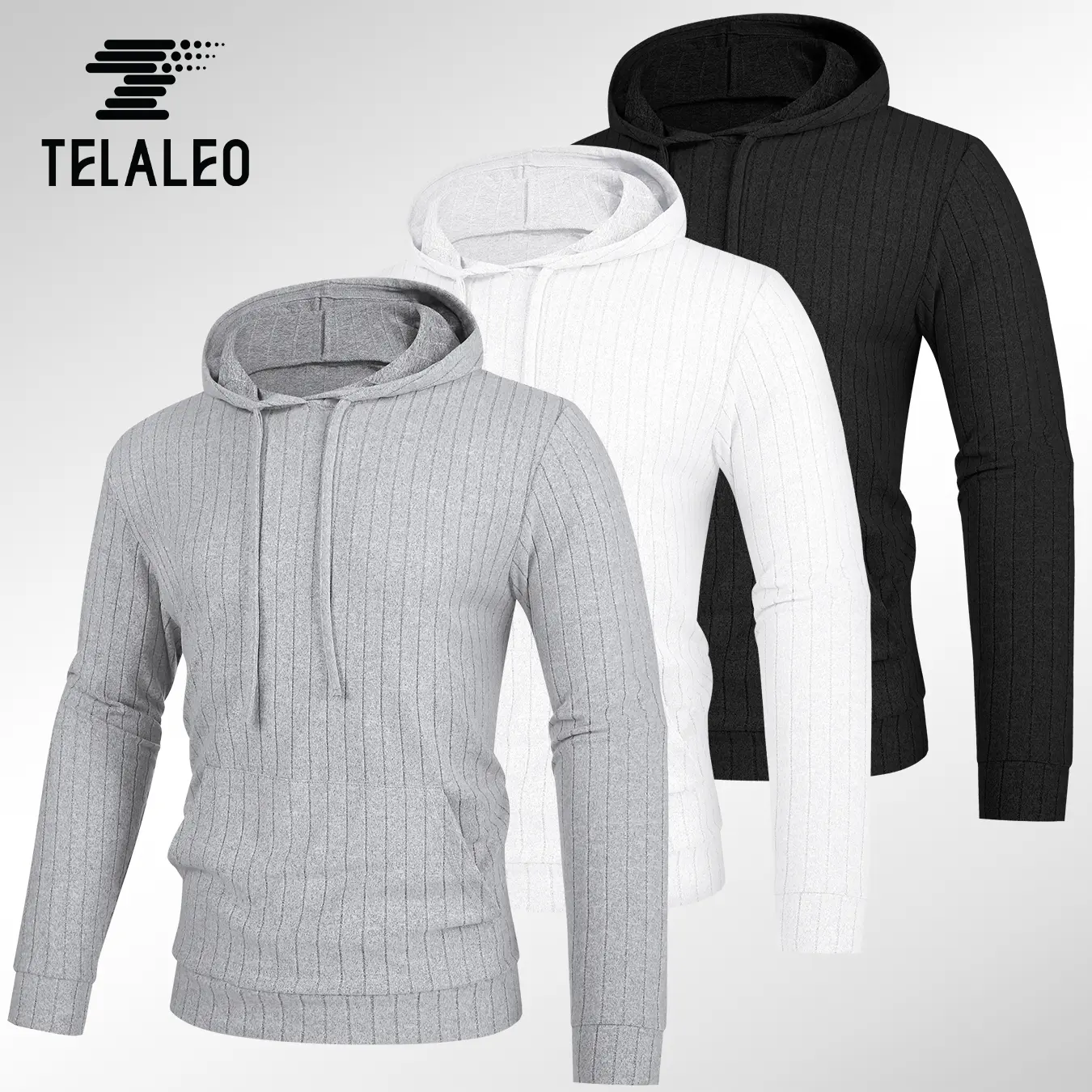 TELALEO FallFreshness Men’s Warm Pullover Hoodie Tops - Soft Ribbed Fabric, Long Sleeve Menswear, Elegant Plain Hooded Sweatshirt with Kangaroo Pocket, Casual Everyday Wear, Stylish, Simple, Cozy Ribbed