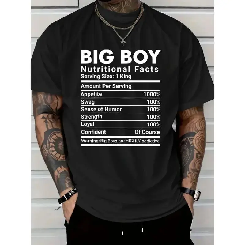 Large Men's Casual Street Style T-Shirt, Printed with Big Boy Nutrition Facts, Loose Fit Pure Cotton with Humorous Graphic, Machine Washable Novelty Top, Suitable for Outdoor and Daily Wear, Durable Clothing |   Short-sleeve Top |   Extra Large Size