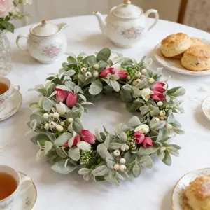 Spring Tulip Wreath, Floral Flowers with Ferns and Berries, Easter and Living Room Farmhouse Style Porch Door Decoration