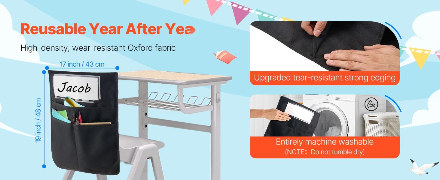 Chair Pockets For Classroom, 12 Pack Seat Pockets With Name Tag, Black Durable Nylon Fabric, Sturdy Chair Storage Organizer For Student Desks, Easy Labeling Of Names, Classroom Organization And School Supplies