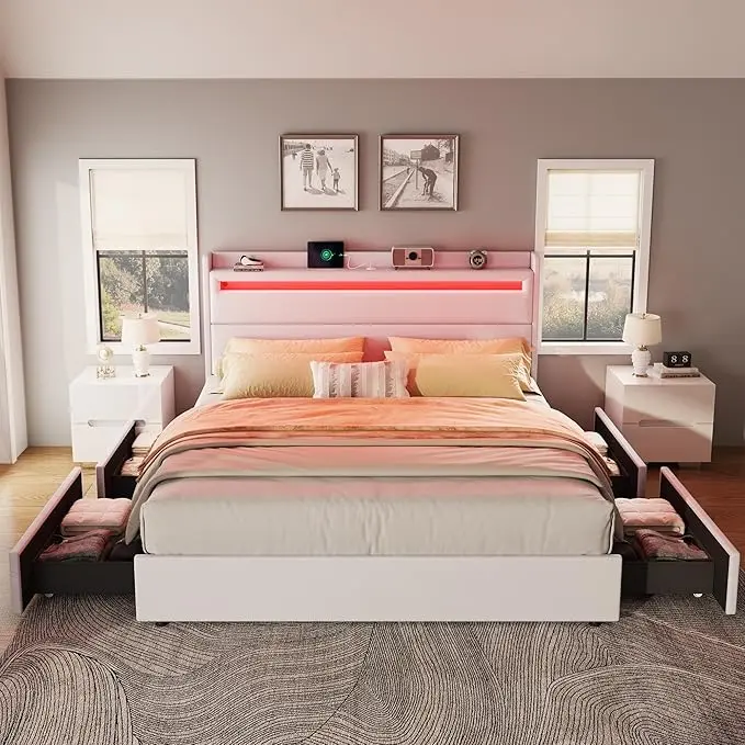 Amerlife Modern Upholstered Sturdy Queen Bed Frame - Wingback Tufted Adjustable RGBW LED Storage Headboard, 4 Foldable Drawers, Charging Station, Soft Linen Fabric, No Box Spring Needed, Self-Assembling Led-Accented Bed Frame