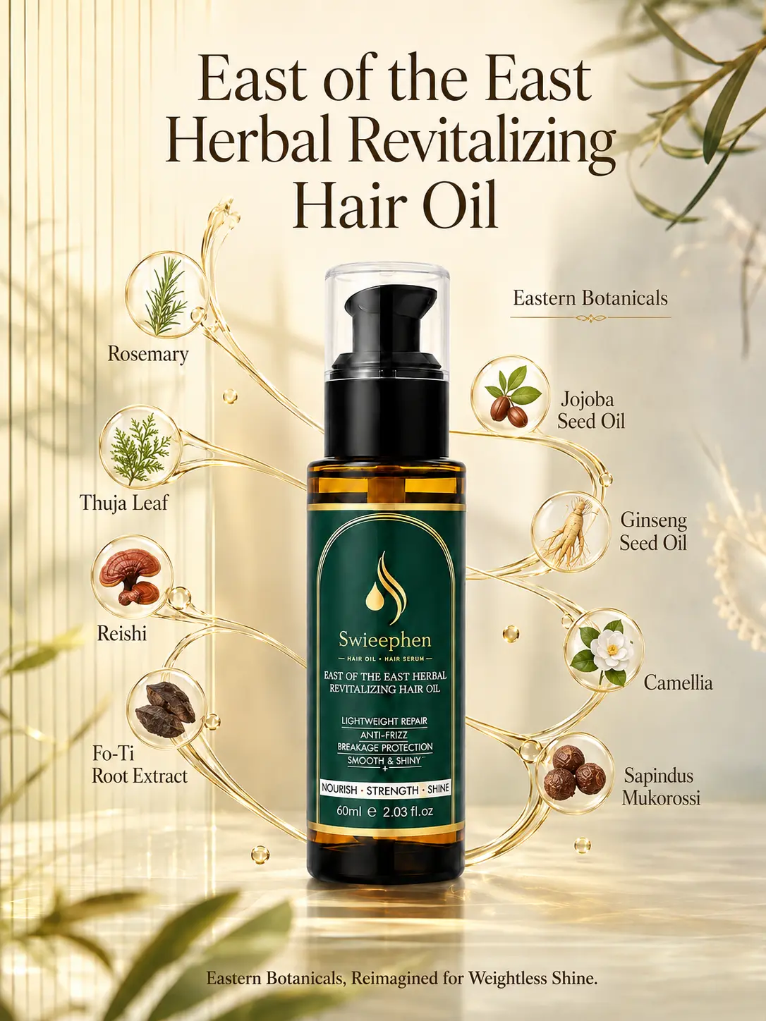 Swieephen Hair Oil for Frizzy Hair, Lightweight Non-Greasy Leave-In Hair Oil Serum, Smooths Dry Ends, Tames Flyaways, Adds Shine & Softness, for Damp or Dry Hair, with Rosemary, Jojoba & Camellia, 60 mL / 2.03 fl oz