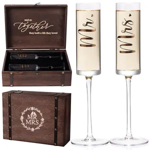 Mr and Mrs Champagne Flutes with Keepsake Box - Gold Print Bride and Groom Glasses for Wedding and Toasting - Bridal Shower Gifts - Drinkware