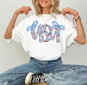 Coquette USA Shirt, 4th of July Shirt Women, Stars Stripes USA Flag Shirts, Floral Patriotic Shirt, Labor Day