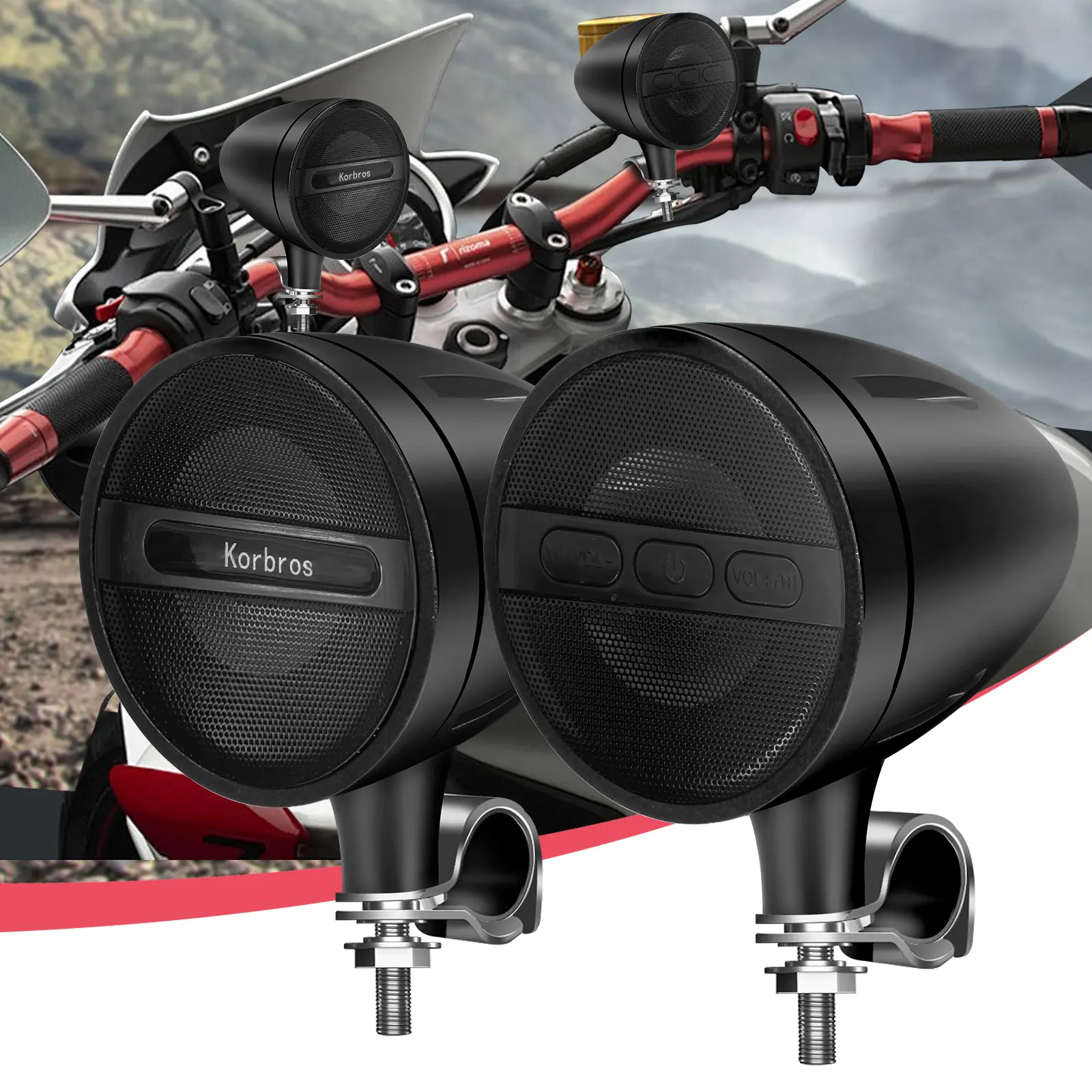 Motorcycle Handlebar Bluetooth Speakers, 3 Inch Metal Waterproof Dual StereoAudio System with FM Radio USB TF Card LED Light Anti-Theft Siren, 12V Universal for Motorbike ATV UTV Scooter