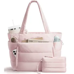 Puffer Tote Bag for Women with Makeup Bag, Large Work Tote Laptop Bag, Lightweight Travel Tote Bag with Zipper Gifts for Women Teacher Nurse Quilted Shoulder Bag for School Gym