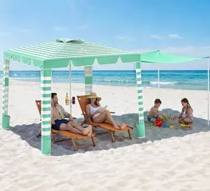 Beach Cabana, 120 Sq. Ft Beach Canopy UPF50+ Protection, Easy Setup & Adjustable Height Beach Tent Sun Shelter with Cup Holder, Portable for 4-8 People, Light Green & White Stripes
