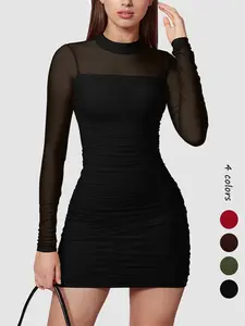 Women's glitter mesh semi-transparent long-sleeved pleated mini dress, sexy and slimming style, high neck design, suitable for cocktail parties or club gatherings