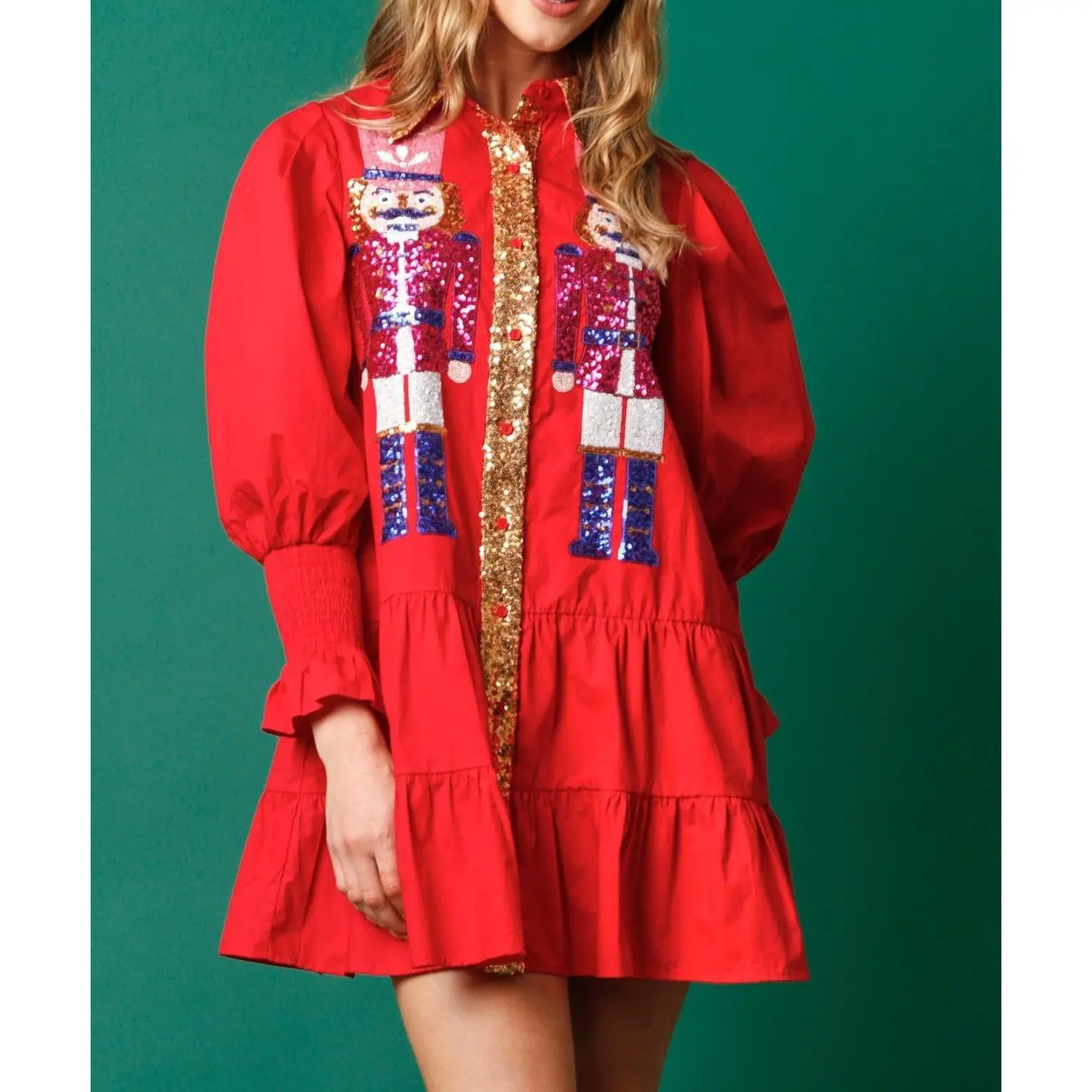 Women's Casual Wear Long-Sleeve Christmas Nutcracker Sequined Patchwork Mini Dress - Contrast Color Lapel, Tightened Sleeves, Pleated Ruffled Hem with Loose Sections