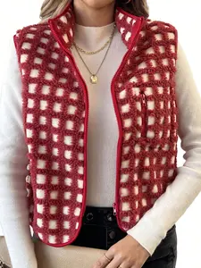 A women's red and white plaid lamb fleece Elegant Fitted sleeveless vest, its cute and casual style is suitable for relaxed occasions such as daily outings, coffee shop dates, and light outdoor strolls in autumn and winter.