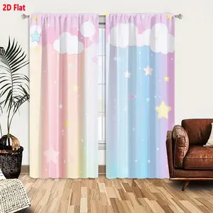 2D Flat Pastel Rainbow Stripe Kids Curtains 2-Piece Set with Star Clouds Design, Whimsical Pink Blue Yellow White Soft Decorative Curtains for Bedroom Living Room, Lightweight & Fluffy Home Window Treatment