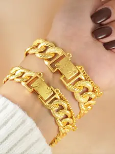 Luxurious Vintage Style 24k Gold Plated Copper Bracelet, Carved Thick Chain, Elegant Unisex Jewelry, Perfect for Daily Wear and Weddings