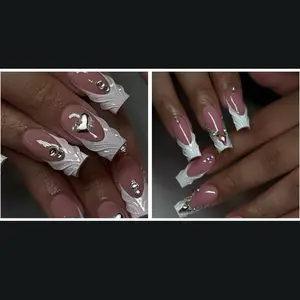 24 Pieces Medium Length Coffin Press On Nails with White French Tips & 3-D Design - Glittery Nails for Easy Application and Removal - Comfort, Manicure, Cutics, Set