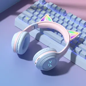 High-quality appearance children's cat-ear light-up foldable headphones with LED lights. 3-in-1 connection method featuring RGB lighting and built-in microphone. Suitable for gaming, listening to music, studying and lessons.