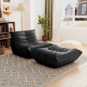 Lazy Floor Lounge Bean Bag Chair + Ottoman Cushion Black Assembled Durable