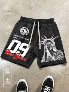 Men's Statue Of Liberty & Letter Print Shorts, Regular Fit Casual Street Fashion Graphic Shorts for Summer, Breathable Printed Shorts, Men's Bottoms for Daily Wear, Cotton