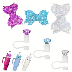 A Set of 6 Bow Ties and Diamond Straw Cover for Cup,Silicone Straw Topper for Water Cup 40/30/20 Oz,Drinkware Accessories