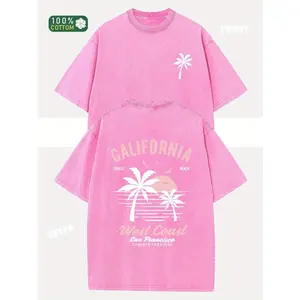 Pink Vintage Washed T-Shirt - California Palm Tree Sunset Graphic Tee, 230g Heavyweight Cotton, Y2K Oversized Streetwear, Unisex Summer Beach Top