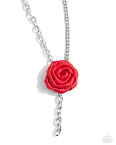 Rose and Cons - Red Leather Rosette on a Silver Curb Chain colliding with a Silver Cable Chain Necklace