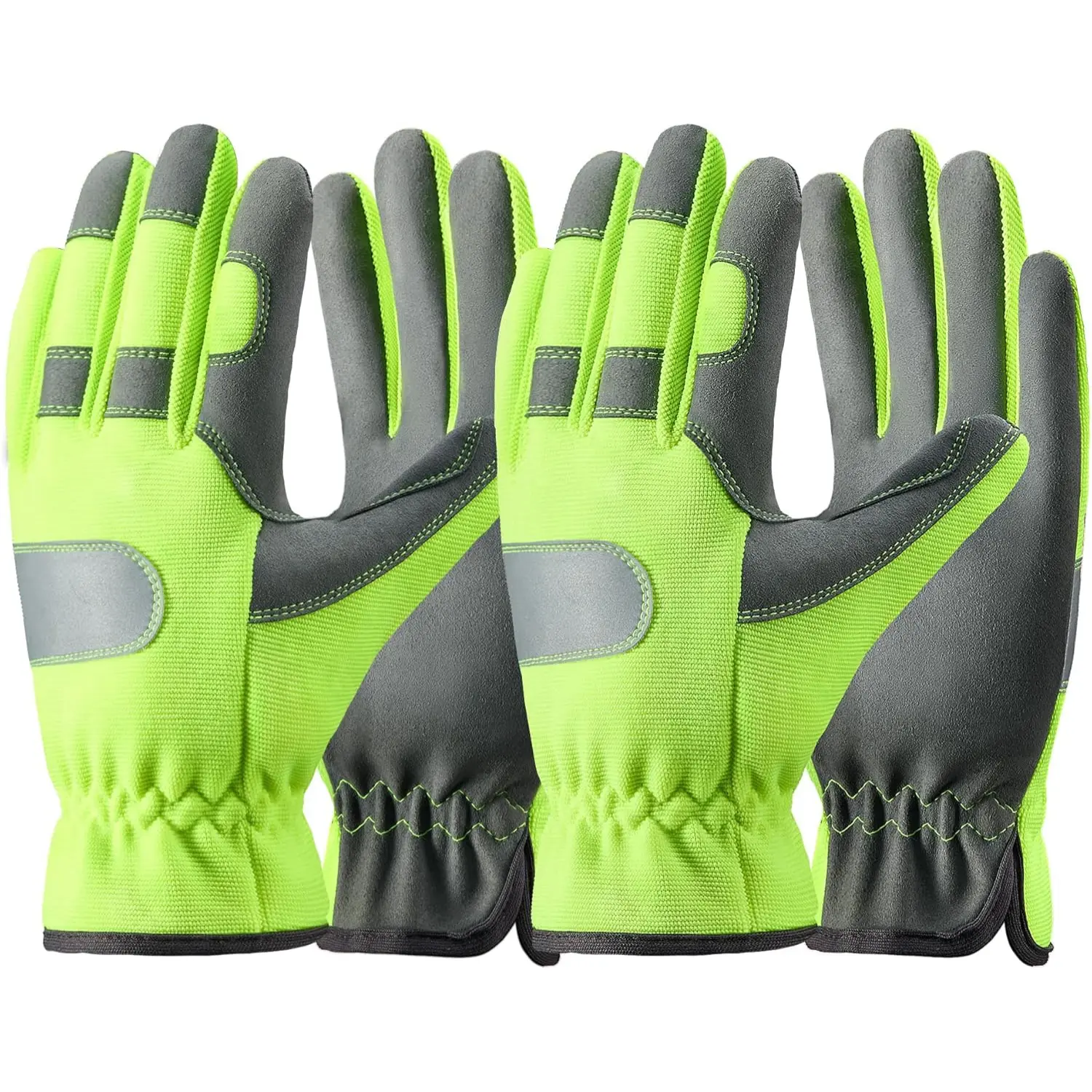 2 Pairs High Visibility Reflective Safety Work Gloves for Men and Women Faux Leather Utility Mechanic Gloves with Non Slip Grip for Gardening and Construction