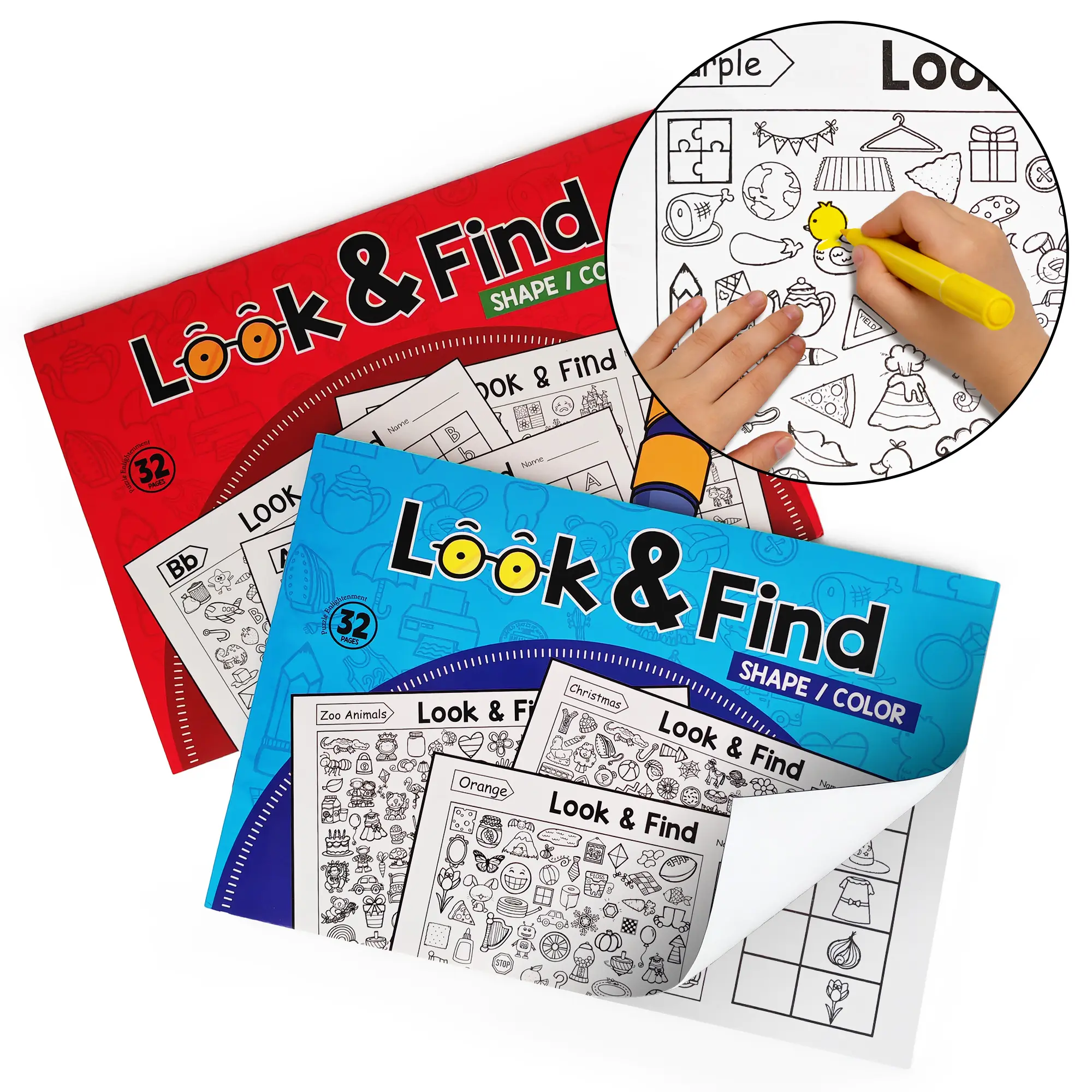 2 PCS Interactive Look & Find Activity Picture Books for Ages 3+, 32 Pages Each - Preschool Learning Books for Girls and Boys, Covers Letters, Numbers, Animals, Transportation, Find the Items Game, Coloring Area - Ideal for Travel, Christmas