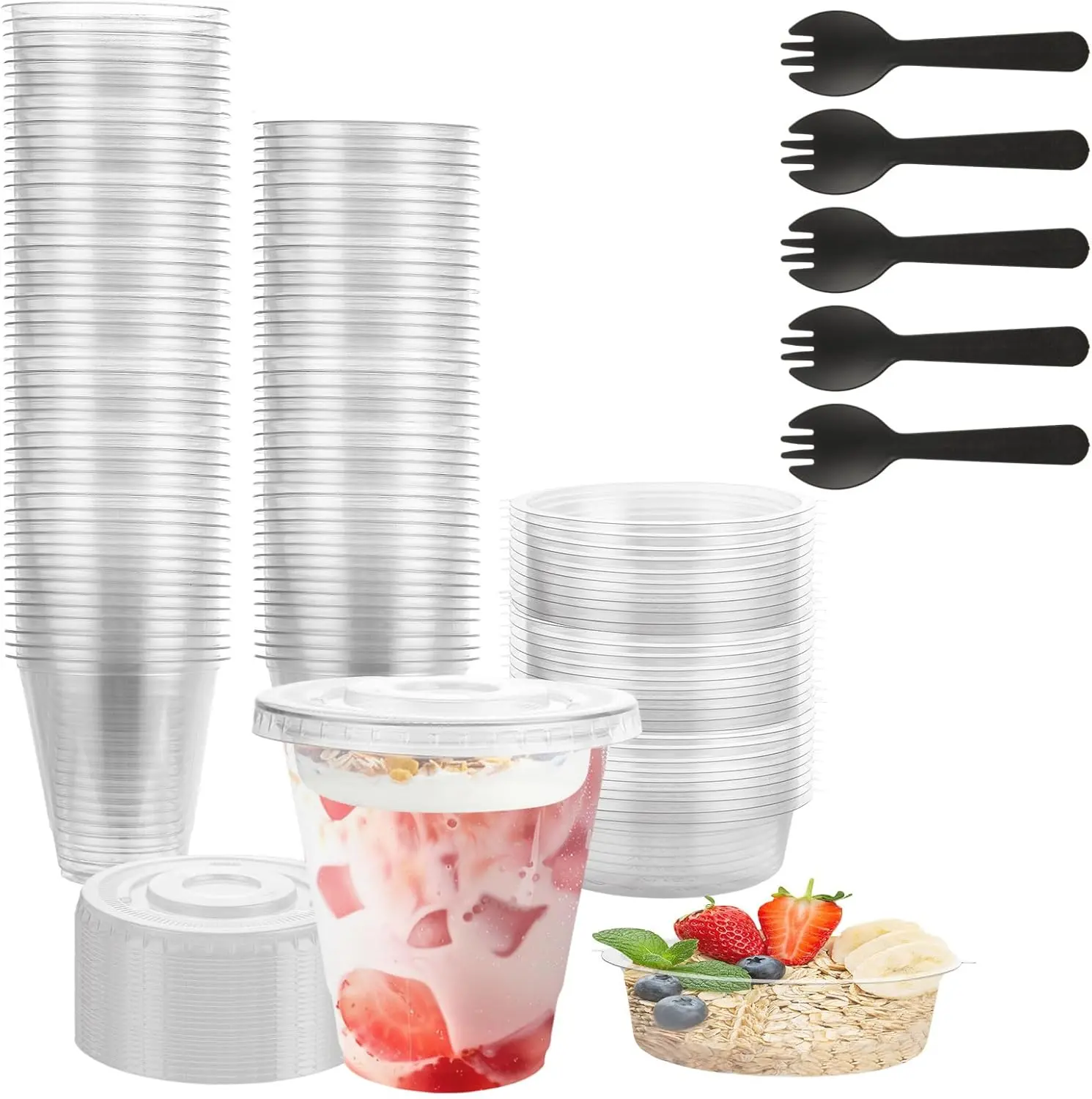 100 Set Disposable Parfait Containers with Insert - 3.25oz & 12oz Plastic Dessert Cups, Includes Sporks, On-the-Go Kitchenware for Parties, Fruit Cereal Oatmeal Dips