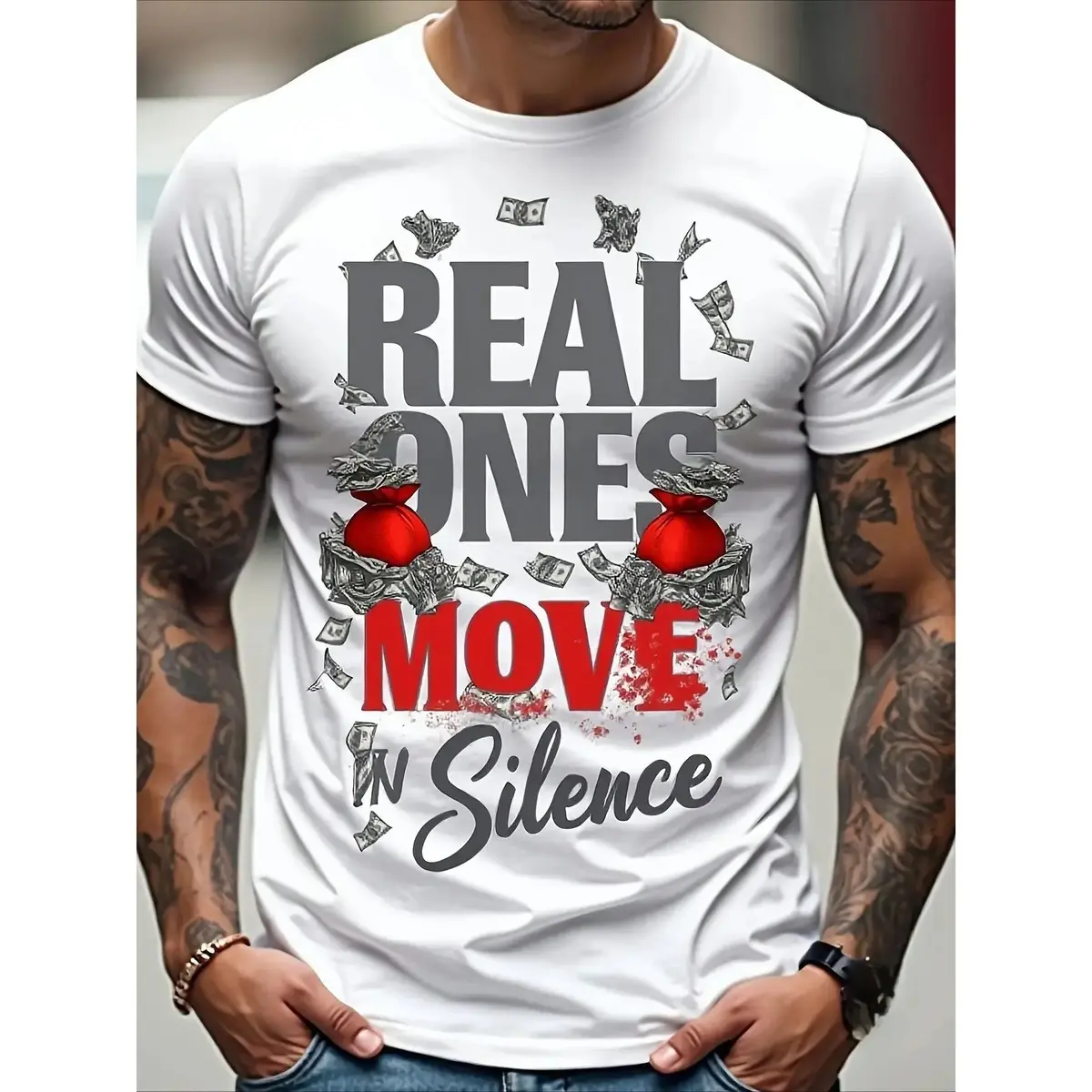 2026 New Streetwear AestheticReal Ones in Silence T-Shirt |     Graphic Tee with Money Design, Inspiring Quote, Comfortable Fit for Men, Crew Neck Style, Extremely Soft, Breathable, Moisture-Wicking, Casual Summer Shirt, Essential Fashion Tee Y2K Graphic