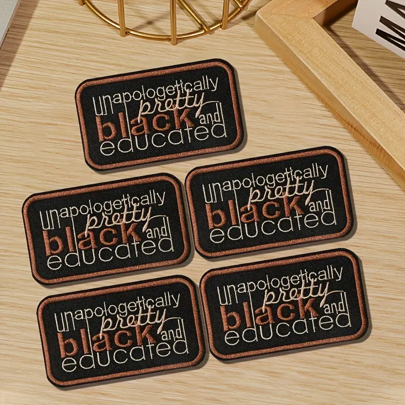5Pcs Stylish Embroidery Iron-On Patches, Black "Unapologetically Pretty and Educated" Letter-Geometric Design Applique, Easy Iron-On Sewing Accessory for Clothing & Jackets, Ideal for Embroidery Beginners, Geometric Embroidery Design