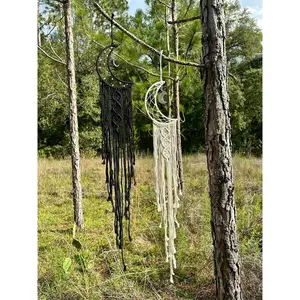 Macrame Wall Hanging Crescent Moon Dream Catcher with Moon Charm, Modern Boho Style Home Decor -- Black or Cream