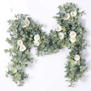 6.56ft Eucalyptus Garland with -8 White Roses, Artificial   Greenery Garland Floral Vines for Decoration  Wedding Table Indoor Outdoor Backdrop Wall Decor(White)