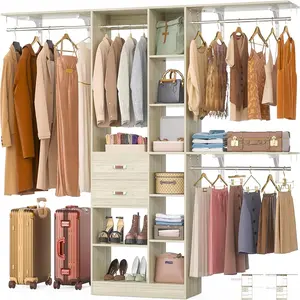 Upgraded Closet System with 13 Shelves, 8FT Closet Organizer System with 2 Wood Drawers, 96'' Walk-in Closet with 4 Hanging Rods & 3 Shelf Towers, Adjustable Wall Mount Closet