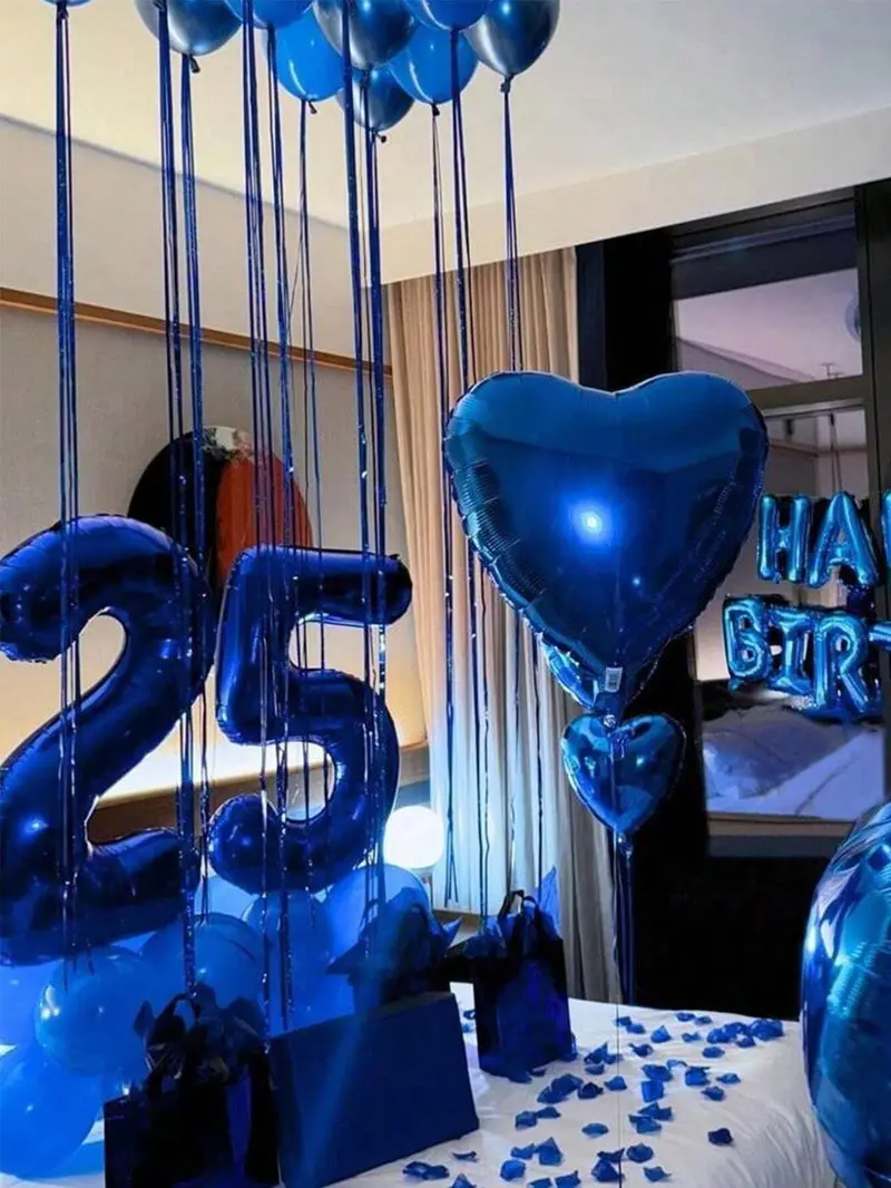 540pcs Blue Happy Birthday Party Decor Kit, Balloon Banner + 40in Foil Number Balloons, Blue Heart Balloons, Blue Rose Petals, Blue Theme Birthday Backdrop for Men Women, Photo Booth & Home Party Setup