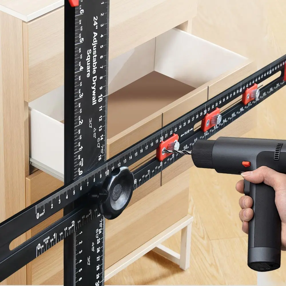 4 in 1 T-shaped Square Ruler, Aluminum Alloy Cabinet Hardware Tool, Precise Drilling Positioning Ruler for Handle Installation, Multipurpose Measuring Tool Wood, Precision, Adjustable Woodworking Square Protractor, Measuring Instrument