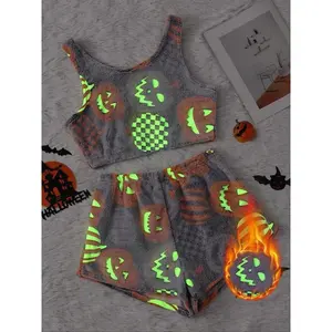 Women's Halloween Flannel Pajama Set, Glowing Pumpkin & Ghost Print Tank Top & Elastic Waist Shorts, Winter Nightwear
