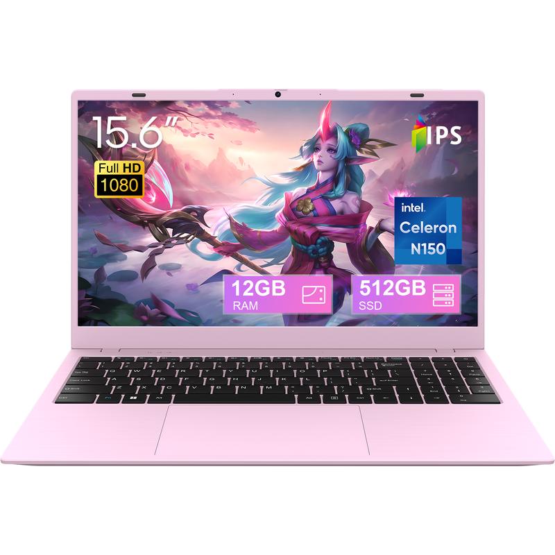 15.6" Laptop for Students & Home Featuring 12GB DDR5 RAM 512GB SSD FHD Thin Bezel Display Intel N150 up to 3.6GHz Long Battery Life Wi-Fi 6 Privacy Camera Your Perfect Pink Partner