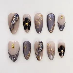 Aura Cat Eye Nails Black Press On Nails Short Almond Nails/Star Nails/Aura Nails/Floral Nails/Bling Nails/Summer Nails/Holiday Birthday Nail