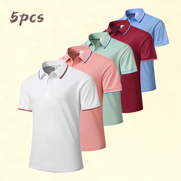 Men's Basic Collared Short Sleeve Vintage Knit Polo Shirts (5-Pack) - Solid Colors, Polyester Fabric, Quick-Drying, Durable, Cool Polo Shirts for Commuting, Fitness
