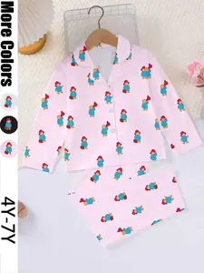 Cute Doll Bear Print Fire Retardant Fabric Pajama Set, Casual Long Sleeve Button Front Top and Loose Elastic Pants Nightwear Loungewear